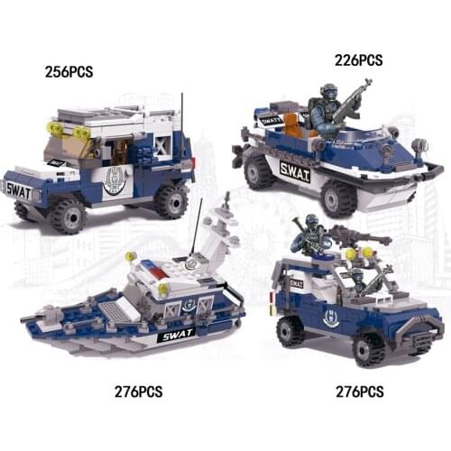 1:36 scale super police action figures SWAT Special Forces mega block Assault armored vehicle Patrol boat building bricks toys