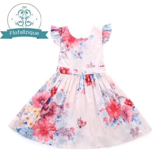 Flofallzique Girls Summer Floral Vintage Cotton Petal Sleeves And Adjustable Knots Behind Princess Baby Toddler Dresses 1-8Y