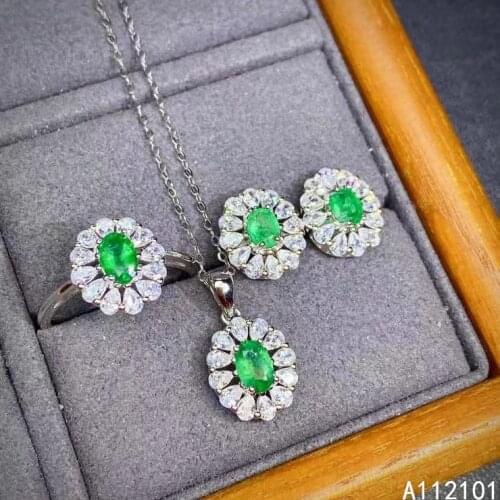 KJJEAXCMY fine Jewelry 925 sterling silver inlaid natural Emerald popular pendant ring earring set support test Chinese style