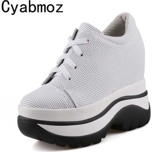 Height Incresing Sneakers Women Platform Shoes Hollow Genuine Leather Breathable Ladies Trainers Casual Shoes Deportivas Mujer