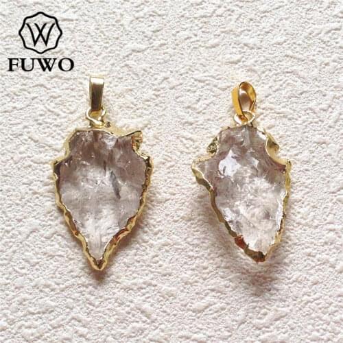 FUWO Nature Clear Quartz Arrowhead Pendant With 24K Gold Color Plated Edge Fashion Charm Spiritual Jewelry For DIY Making PD168