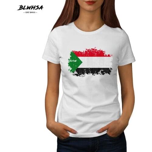 BLWHSA Summer Women T Shirt Printed Cotton T-Shirt Female Tops Short Sleeve O-Neck Sudan Nostalgic Flag Women Clothing