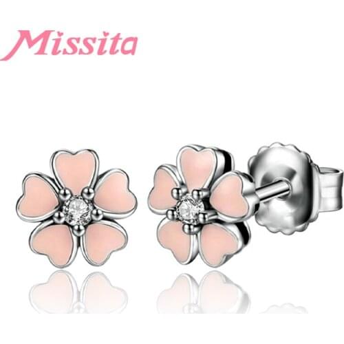 MISSITA New Fashion Lovely Pink Flower Earrings For Women Silver Color Jewelry Brand Wedding Stud Earrings HOT Sale