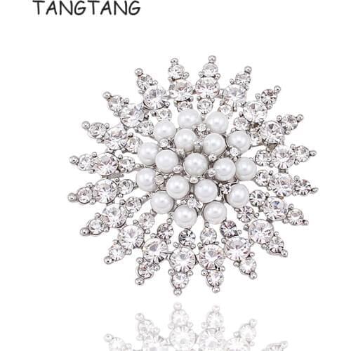Fashion Pin Flower Round Silver Plated Clear Rhinestone Crystal Women Wedding Brooch Cheap Pearl Jewelry, Item No.: BH7414