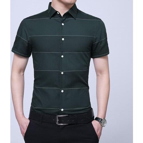 Mens 100% Cotton Casual Striped Slim Fit Dress Shirts Men Korean Short Sleeve Social Formal Business Shirt Male Camisas TS-459