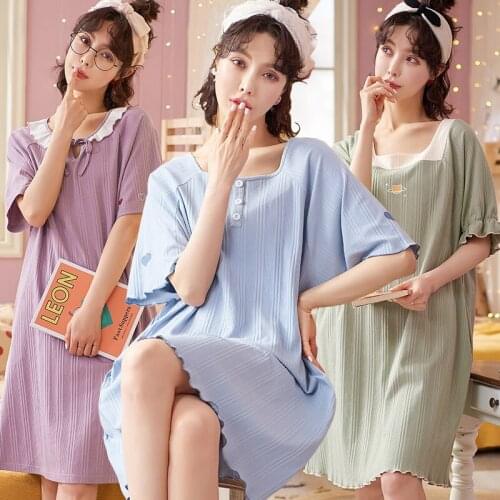 2021 New Summer Cute Princess Short Sleeve Cotton Nightgowns for Women Korean Loose Sleepwear Night Dress Nightdress Home Nighty