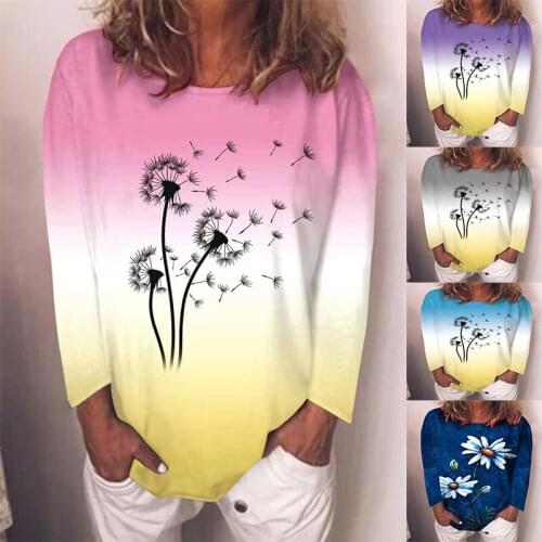 2021 Autumn and Winter New Product T-shirt 3D Printing Novel Dandelion Pattern Gradient Casual Loose Long-sleeved T-shirt