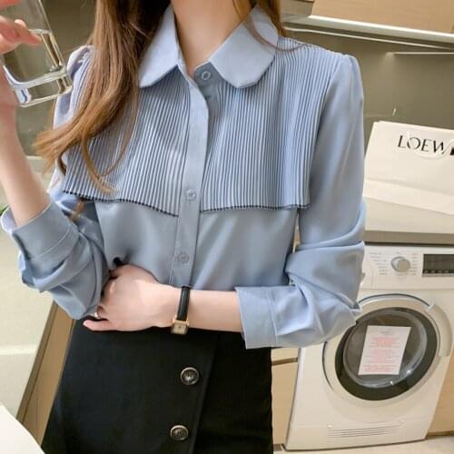 2021 spring new long-sleeved shirt womens pleated design sense niche all-match temperament top