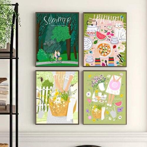 Summer Picnic Forest Village Nature Scenery Cute Illustration Posters Prints Couple on Bicycle Canvas Painting Wall Art Decor