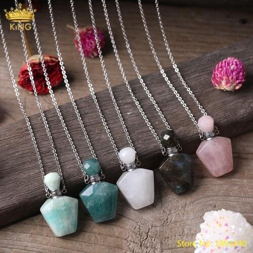 Natural Labradorite Jades Stone Perfume Bottle Pendant Necklace Fashion Women Silvery Copper Quartz Essential Oil Bottle Jewelry