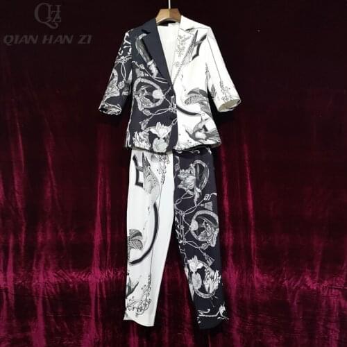 Qian Han Zi autumn winter designer fashion suit jacket 2-piece set womens 3/4 Sleeve slim coat+vintage pattern print Pants set