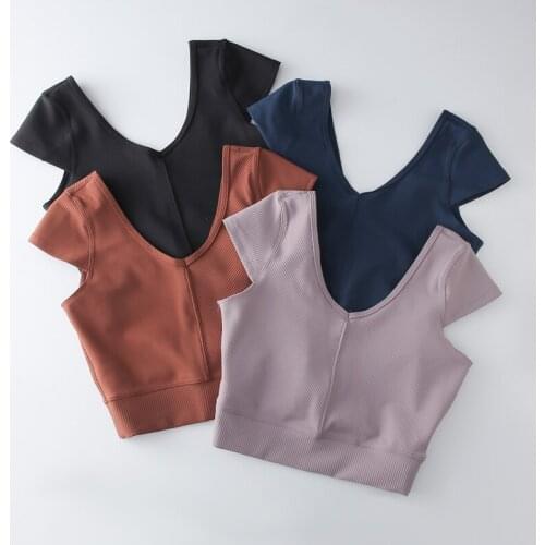 RIBBED V-NECK Reversible Yoga Dancer Sport Cropped T-shirts Women Sexy Leisure Open Back Tops Fitness Gym Workout Crop Tee