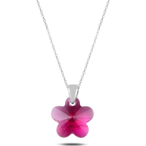 Silverlina Silver Daisy Pink Crystal Necklace