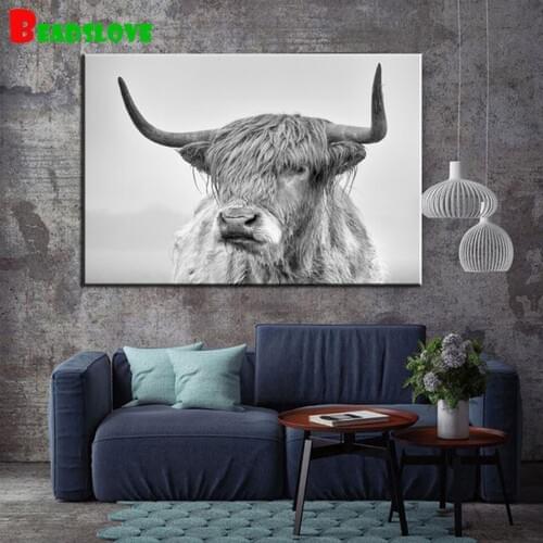 Modern Home Decor Black White Highland Cow Diamond Painting Animal Wall Art Scottish Cow Picture Farmhouse Living Room