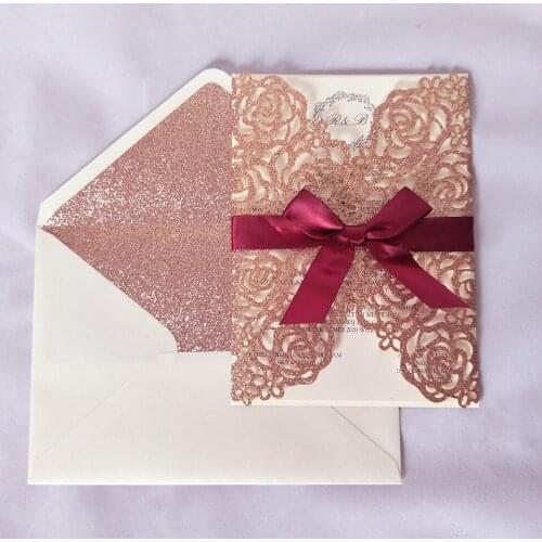 50pc Pink Gold Glitter Laser Cut Wedding Invitations with Burgundy Ribbon and Glittery Envelope Customized Print Greeting Cards