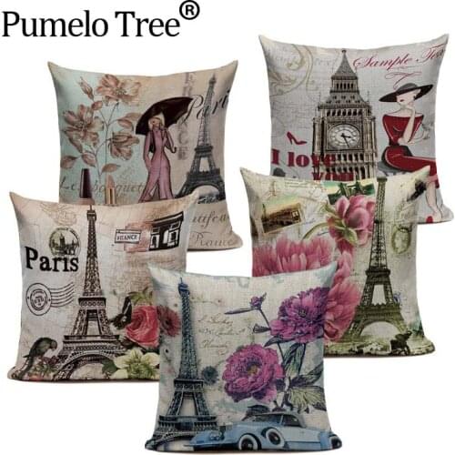 Vintage Decorative Cushion Covers London Paris Flower Pink Throw Pillow Cover For Sofa Home Custom Car Pillowcases Throw Pillows