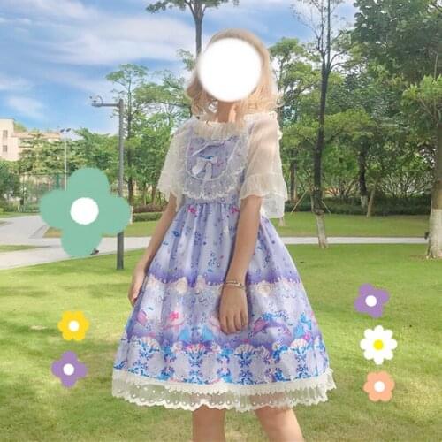 Undersea Illusion Sweet Womens Lolita JSK Dress Sleeveless Dress Cute Lace Ruffles Bow Trim Princess Dress One Piece Summer