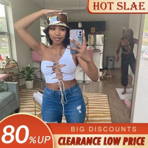 2021 New One Shoulder Tank Tops Lace Up Sleeveless Sexy Crop Top Streetwear Hollow Out Women Club Cropped Tops Summer Outfits