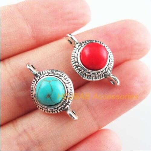 8Pcs Retro Tibetan Silver Tone Round Flower Blue&Red Stone Charms Connectors 13x22mm