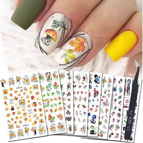 9pcs Autumn Nail Stickers Set 3D Maple Leaves Sliders For Nails Geometric Floral Decals Gel Polish Design Manicure Inspired GLF