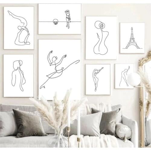 Abstract Line Girl Ballet Canvas Painting Modern Minimalist Character Black and White Poster Wall Art Picture Home Decor Bedroom