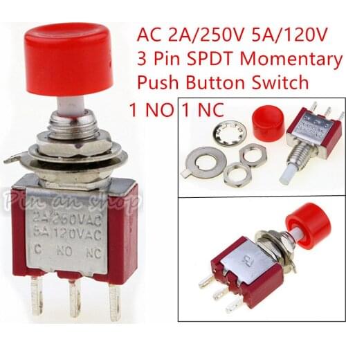 AC 2A/250V 5A/120V 3 Pin SPDT Momentary Push Button Pushbutton Switch 1 NO 1 NC