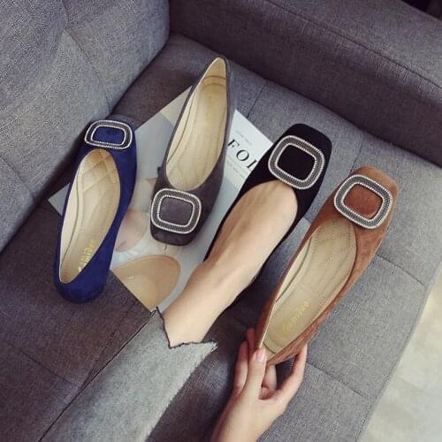 Fall Soft bottom single shoes brand designer crystal square buckle ballerinas roll-up espadrilles ladies all-match flock loafers