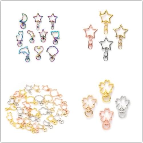 10pcs New Rainbow Cute Moon Star Heart Cat Animal Flower Hollow Key Chain Key Ring keychain DIY Accessories Lobster Clasp Wholes