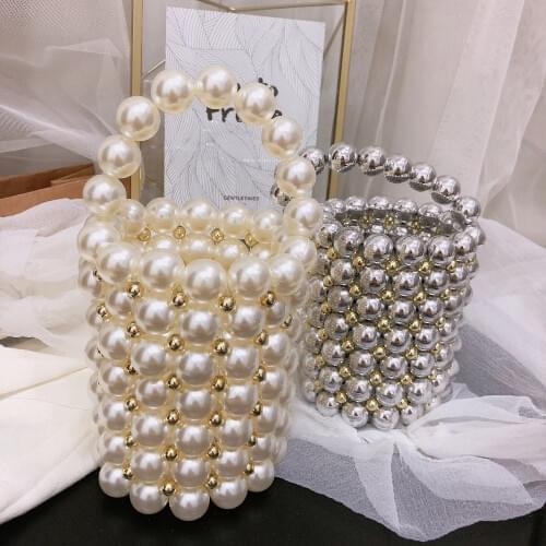Brand Handmade Pearl Bags Women Crystal Bucket bag Totes Top Handle Beaded Handbags Bride Bag Purses Evening Party Clutches