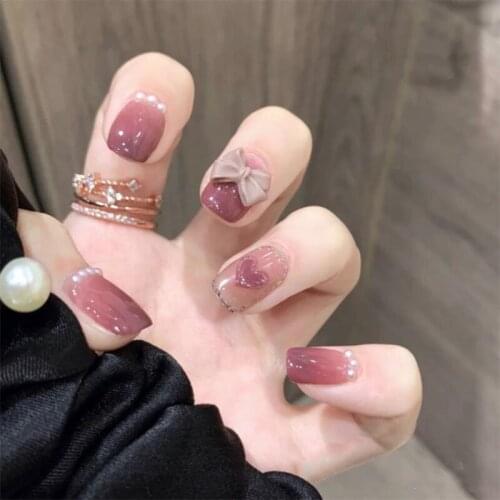 Gradient Pearl Bowknot Peach Heart Wearing False Nail 2021 New Short Square Head Display White Fake Nails Finished