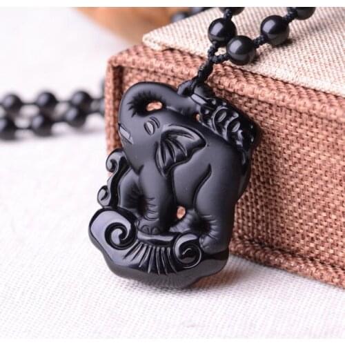 Elaborate Chinese collection Obsidian elephant jades Auspicious Amulet Necklace Pendant