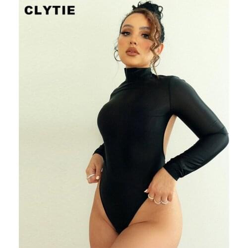 Clytie Blackless Sexy Bodysuits Women Long Sleeve Spring Autumn Women Skinny Female Clubwear Elastic Ladies Black Bodysuits