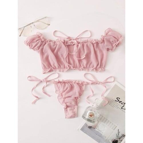 Two Piece New Women Sexy Off-shoulder Bra and Tong Lingerie Set Sweet Cute Self Tie Ruffle Trim Dobby Mesh Sleepwear Nightwear