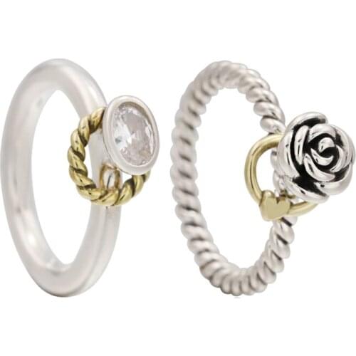 Lomeo 100% 925 silver high quality oval zircon rose flower and 14K golden love heart ring retro exaggerated out of print Jewelry