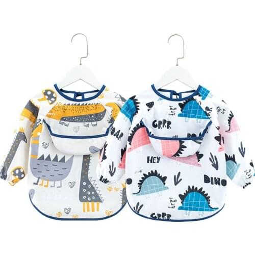 Cute Cartoon Baby Bibs Waterproof Infant Eating Bib with Pocket Children Drawing Long Sleeve Apron Kids Burp Cloth Baby Stuff