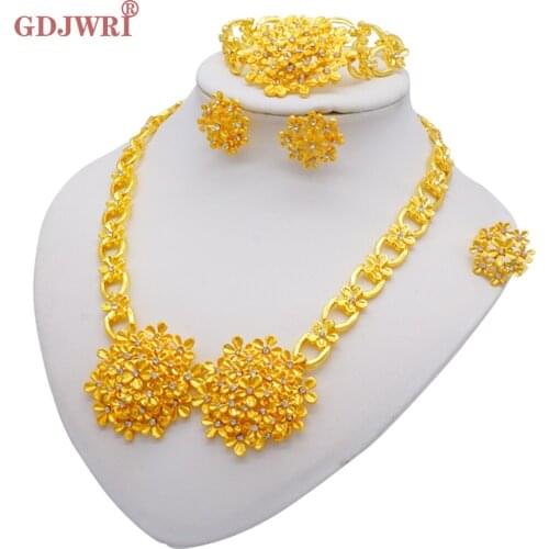 Jewellery Set Gold Color Flowers Necklace Earrings Set Dubai Wedding Ornament Bridal Gifts For Women African Party Jewelry Sets