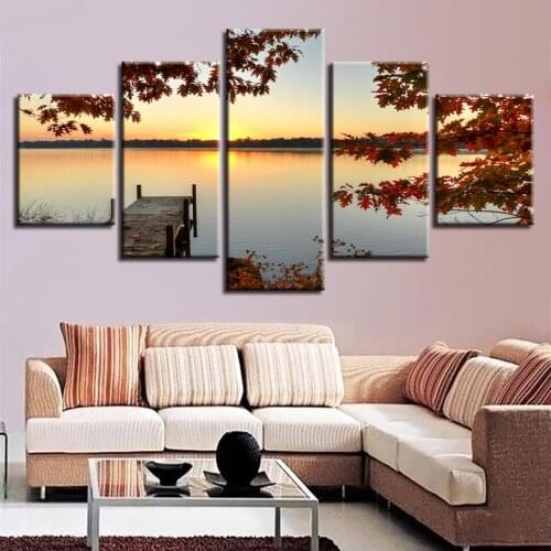 Wall Art Paintings Home Decor 5 Pieces HD Printing Lake Red Tree Sunset Landscape Posters Modular Canvas Picture For Living Room