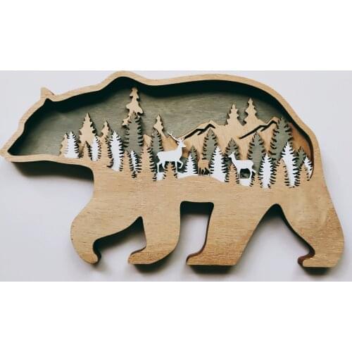 2021 New Christmas Wooden Crafts Creative Nordic Style Forest Animal Elk Wolf Bear Home Decoration Ornaments Best Gift Idear
