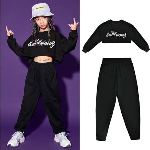New Jazz Dance Costume Hip Hop Girls Clothing Black Crop Tops Hiphop Pants Outfit Kids Jazz Performance Wear Rave Clothes BL5710