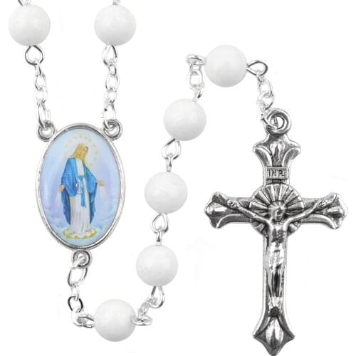Religious Cross Necklace 6mm White Stone Beads Virgin Mary Catholic Rosary