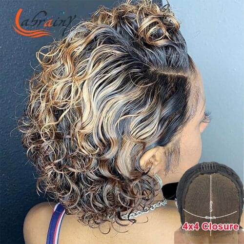 4x4 Pixie Short Cut Bob Kinky Curly Ombre Honey Blonde Colored Swiss Transparent Lace Frontal Human Hair Wigs Pre Plucked Woman