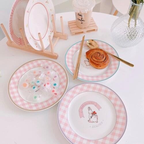 Pastoral retro rabbit ceramic plate plaid printed disc breakfast bread snack plate
