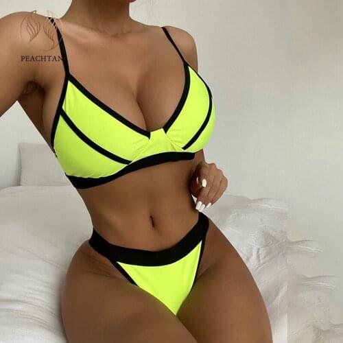 Peachtan Sexy neon bikinis 2021 mujer Patchwork swimsuit women High cut swimwear female Brazilian bathing suit beach wear summer
