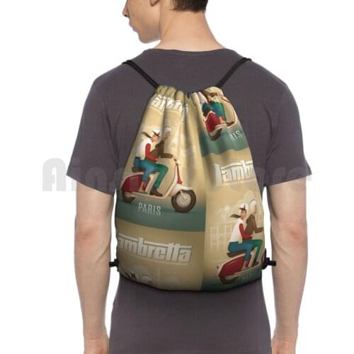 Retro Lambretta Scooter Backpack Drawstring Bag Riding Climbing Gym Bag Retro Lambretta Scooter Green Brown Paris France