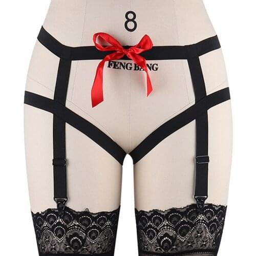 Sexy Red Bow Garter Belt Goth Black Cinta Liga Women Bondage Leg Garter Body Harness Rave Stockings Garter Belt Lingerie Panties