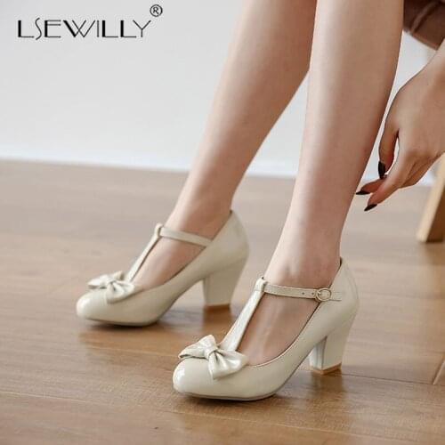 Lsewilly High Heels Women Pumps Patent Leather Bow Block High Heel T-Strap Shoes Buckle Round Toe Party Shoes Lady Red Yellow