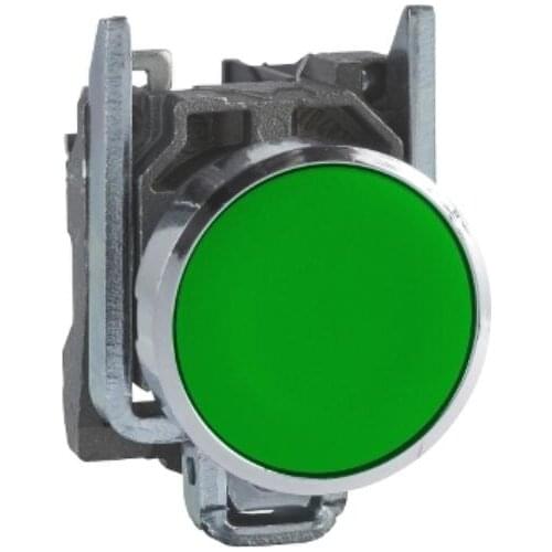 XB4BA31 = ZB4BZ101 + ZB4BA3 Push button, metal, flush, green, Ø22, spring return, unmarked, 1 NO