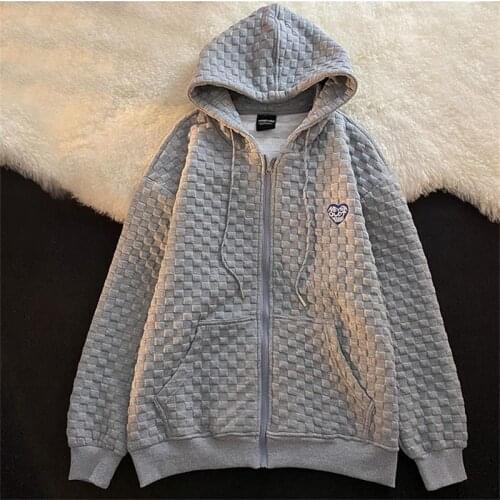 2021 Grey Zip Up Sweatshirt Winter pullover Clothes Oversize Hoodies Women plus size Vintage Plaid Student Long Sleeve Hooded