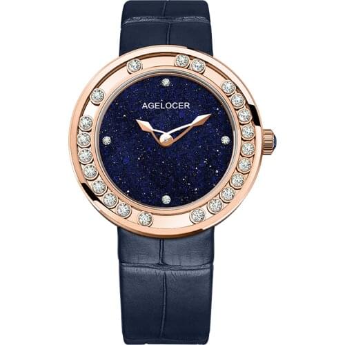 AGELOCER Sapphire Ladies Watch Women Waterproof Diamond Gold Blue Leather Wrist Watches Swiss Brand Bracelet Relogio Feminino