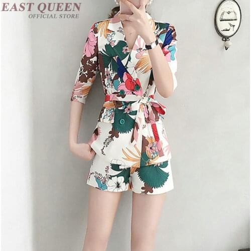Summer New Chic Outfit Korean 2019 Womens Two Piece Sets Blazers+Shorts Boho Floral Printed 2 Piece Sets Womens Outfits DD2246